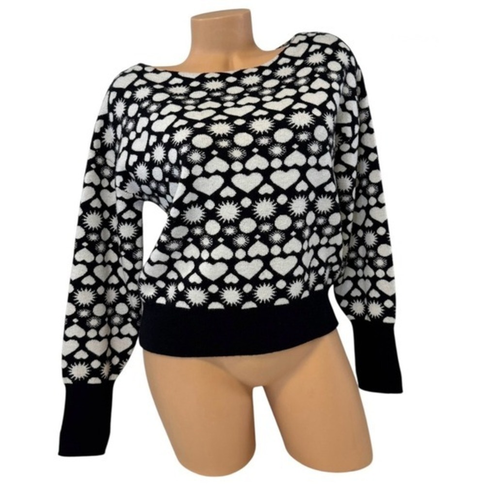 Maeve Anthropologie Womens XS Sweater Black White Heart Star Boat Neck Pullover